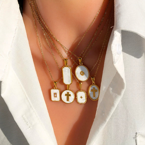 Trendy Electroplated Geometric Stainless Steel Unisex Cross Chain Necklace With Rectangular Shell Constellation Pendant