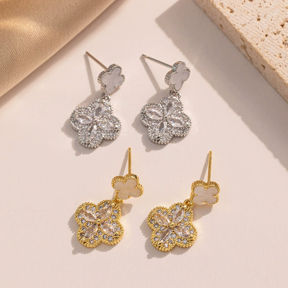 Trendy Elegant Fourleaf Clover Women's Earrings Copper Geometric Electroplating