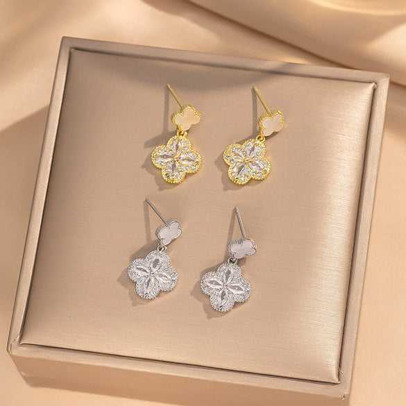 Trendy Elegant Fourleaf Clover Women's Earrings Copper Geometric Electroplating