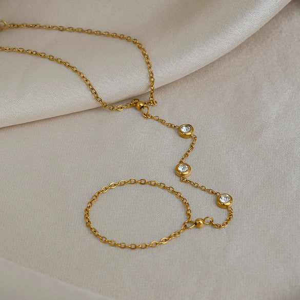 Trendy Elegant Women's Geometric Stainless Steel Real Gold Plated Finger Chain Hand Accessory