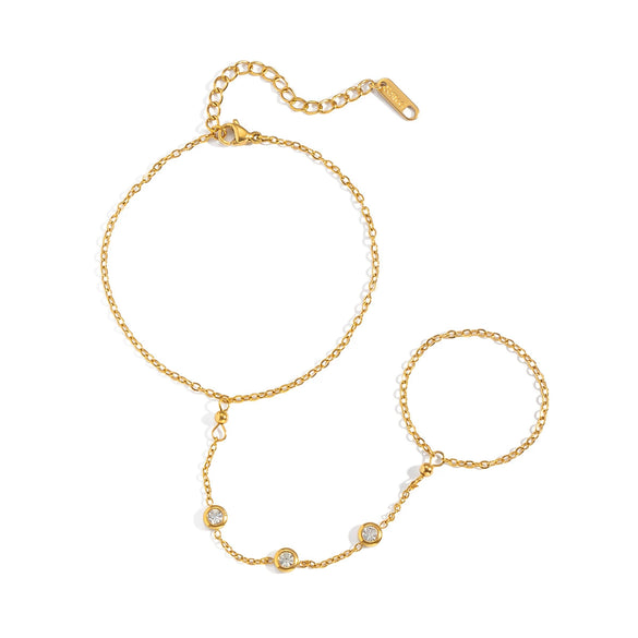 Trendy Elegant Women's Geometric Stainless Steel Real Gold Plated Finger Chain Hand Accessory