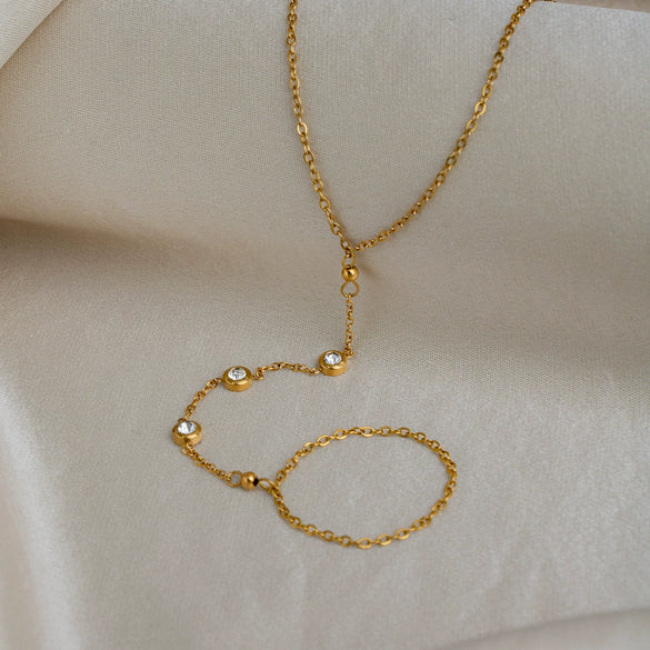 Trendy Elegant Women's Geometric Stainless Steel Real Gold Plated Finger Chain Hand Accessory