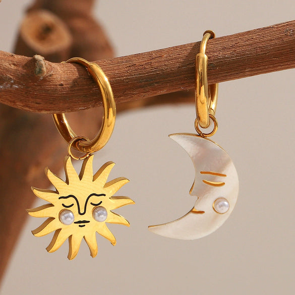 Trendy Exaggerated Stainless Steel 18K Gold Plated Sun And Moon Geometric Pendant Earrings For Women