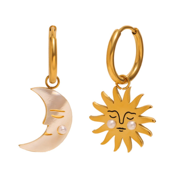 Trendy Exaggerated Stainless Steel 18K Gold Plated Sun And Moon Geometric Pendant Earrings For Women