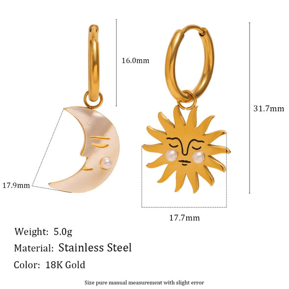Trendy Exaggerated Stainless Steel 18K Gold Plated Sun And Moon Geometric Pendant Earrings For Women