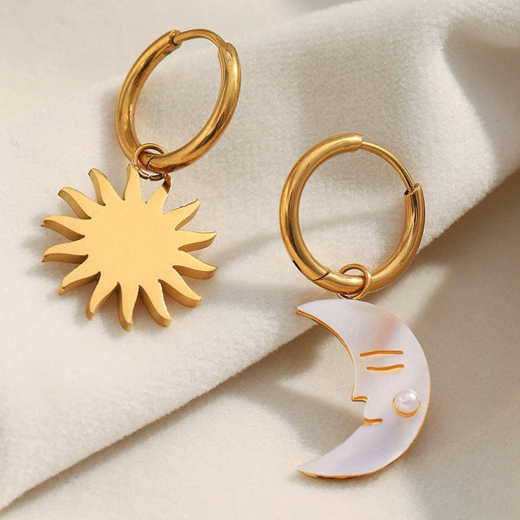 Trendy Exaggerated Stainless Steel 18K Gold Plated Sun And Moon Geometric Pendant Earrings For Women