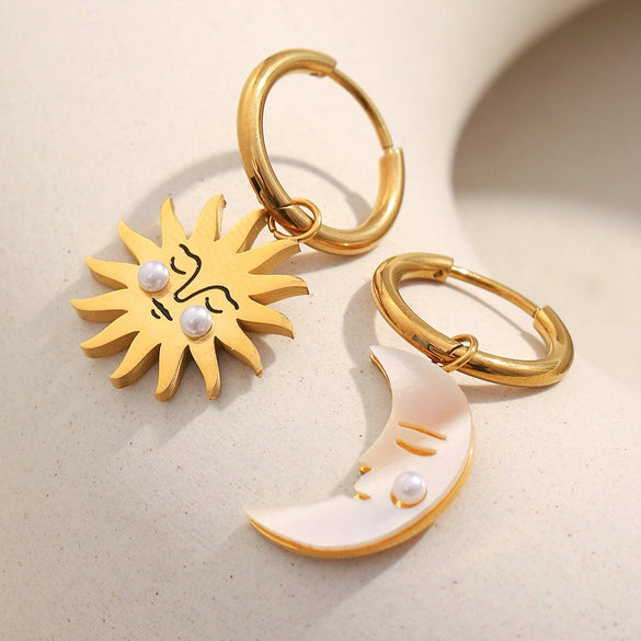 Trendy Exaggerated Stainless Steel 18K Gold Plated Sun And Moon Geometric Pendant Earrings For Women
