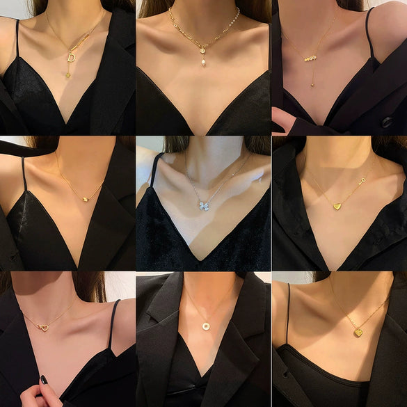Trendy Fashion Retro Love Clavicle Chain Necklace For Women Titanium Steel Gold Inlaid Geometric Design