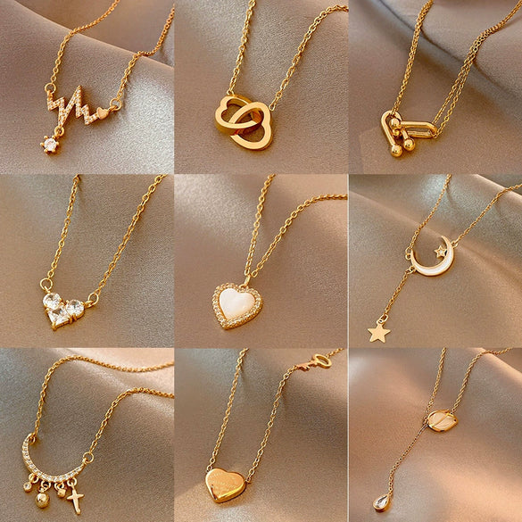 Trendy Fashion Retro Love Clavicle Chain Necklace For Women Titanium Steel Gold Inlaid Geometric Design