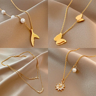 Trendy Fashion Retro Love Clavicle Chain Necklace For Women Titanium Steel Gold Inlaid Geometric Design