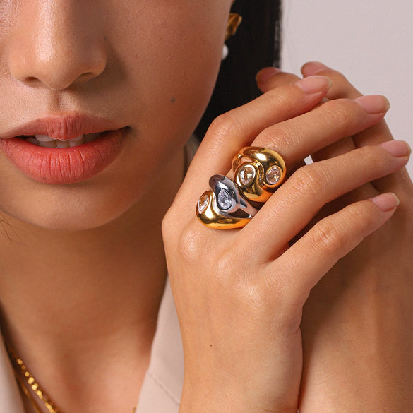 Trendy Geometric Stainless Steel Electroplated Zircon Ring For Women