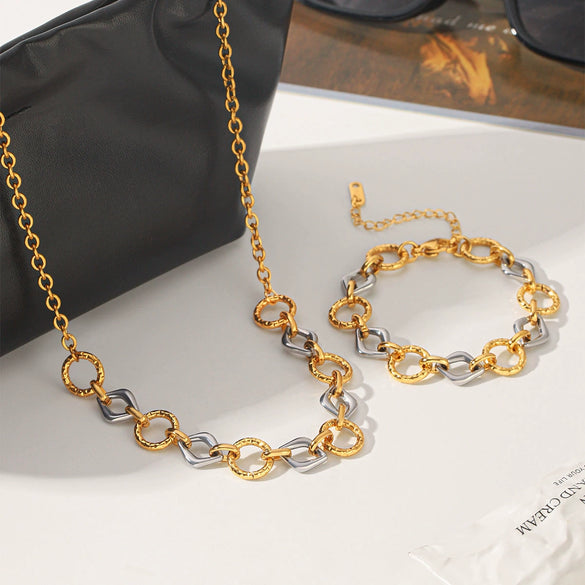 Trendy Gold Plated Stainless Steel Geometric Jewelry Bracelet And Necklace For Women