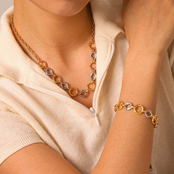Trendy Gold Plated Stainless Steel Geometric Jewelry Bracelet And Necklace For Women