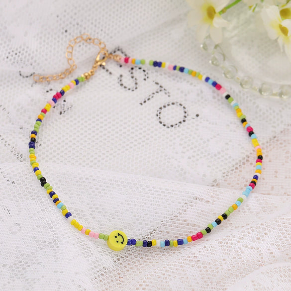 Trendy Handmade Yellow Smiley Rice Beads Clavicle Chain Bohemian Short Necklace With Geometric Design And Beaded Treatment