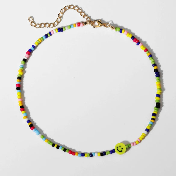Trendy Handmade Yellow Smiley Rice Beads Clavicle Chain Bohemian Short Necklace With Geometric Design And Beaded Treatment