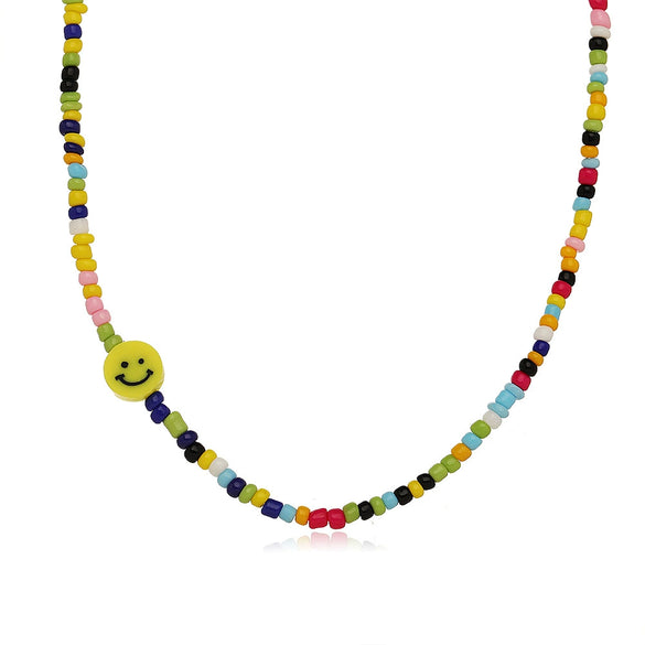Trendy Handmade Yellow Smiley Rice Beads Clavicle Chain Bohemian Short Necklace With Geometric Design And Beaded Treatment