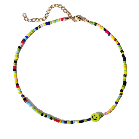 Trendy Handmade Yellow Smiley Rice Beads Clavicle Chain Bohemian Short Necklace With Geometric Design And Beaded Treatment