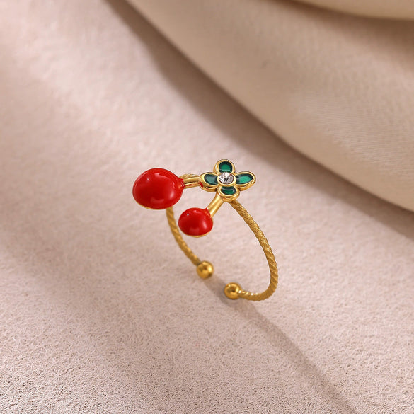 Trendy Light Luxury Geometric Gold Inlaid Stainless Steel Adjustable Fruit Ring For Women