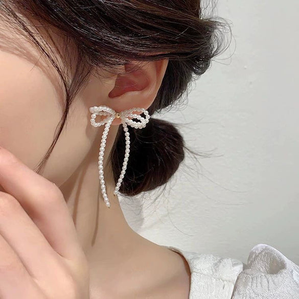 Trendy Light Luxury Highgrade Tassel Pearl Bow Earrings For Women