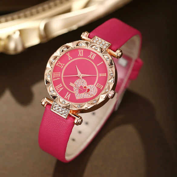 Trendy Love Arrow Round Dial Belt Watch Heart Jewelry Alloy Case Imitation Leather Strap Rose Gold Buckle