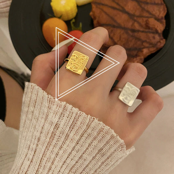 Trendy Metal Texture Ring In Cold Style With Geometric Pattern Silver Plated Electroplating For Women