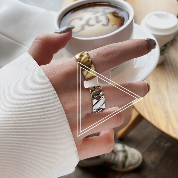 Trendy Metal Texture Ring In Cold Style With Geometric Pattern Silver Plated Electroplating For Women