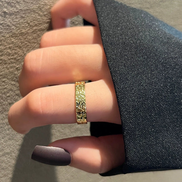 Trendy Metal Texture Ring In Cold Style With Geometric Pattern Silver Plated Electroplating For Women