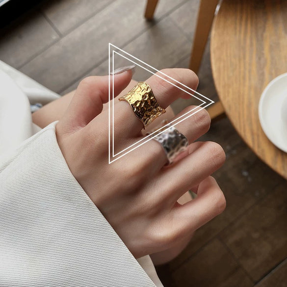 Trendy Metal Texture Ring In Cold Style With Geometric Pattern Silver Plated Electroplating For Women