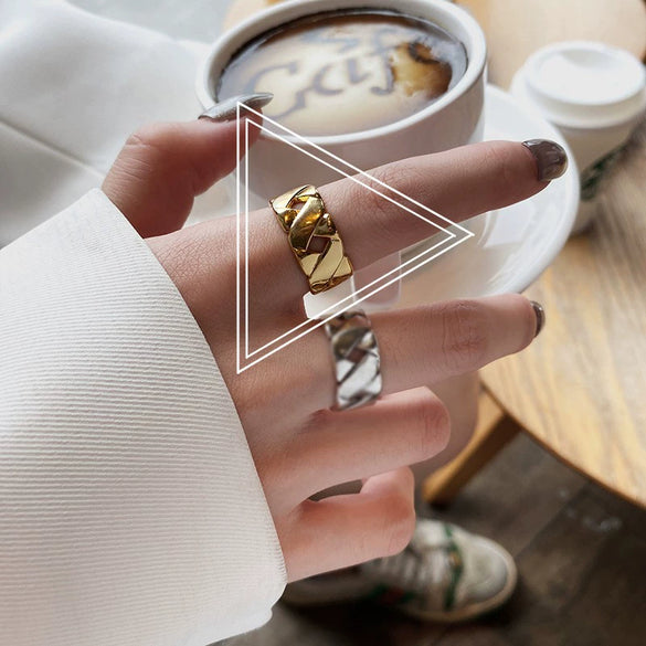 Trendy Metal Texture Ring In Cold Style With Geometric Pattern Silver Plated Electroplating For Women