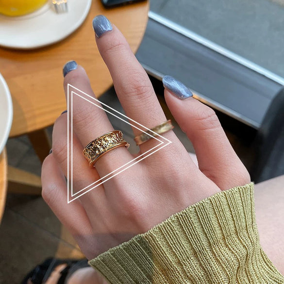 Trendy Metal Texture Ring In Cold Style With Geometric Pattern Silver Plated Electroplating For Women