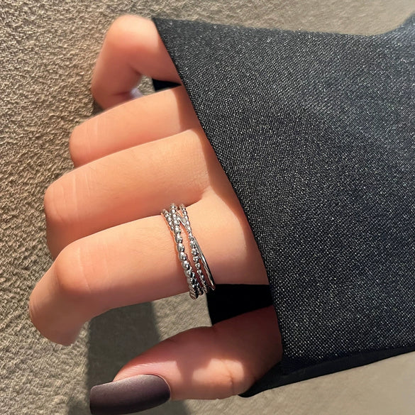 Trendy Metal Texture Ring In Cold Style With Geometric Pattern Silver Plated Electroplating For Women