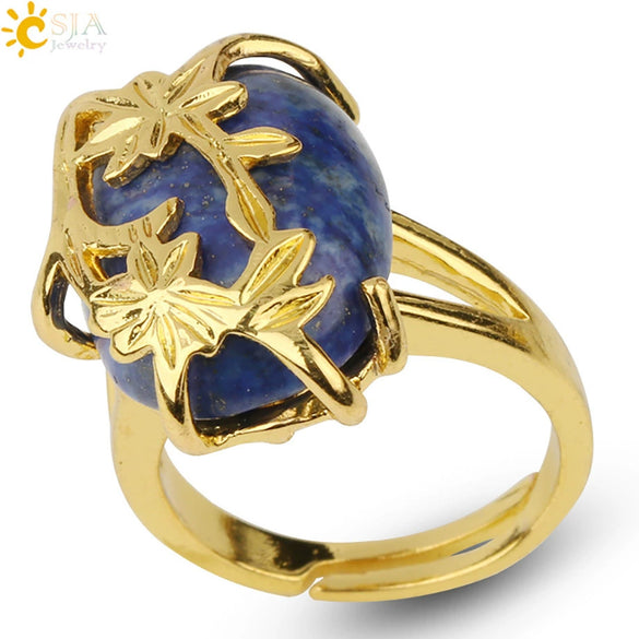 Trendy Natural Stone Gold Plated Flower Adjustable Open Ring Minimalist Floral Statement Ring For Unisex