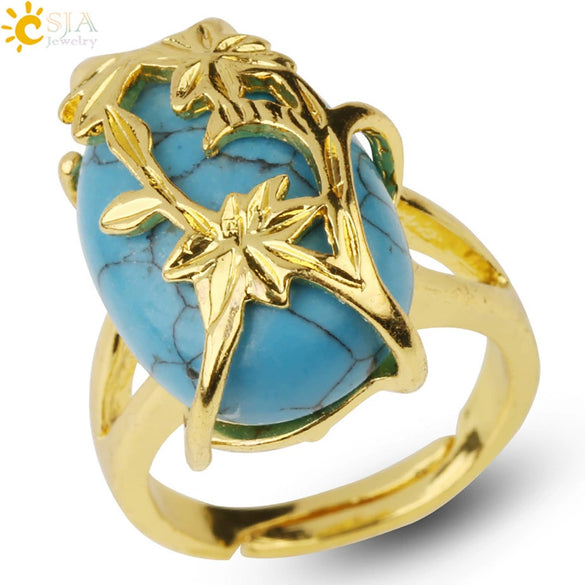 Trendy Natural Stone Gold Plated Flower Adjustable Open Ring Minimalist Floral Statement Ring For Unisex