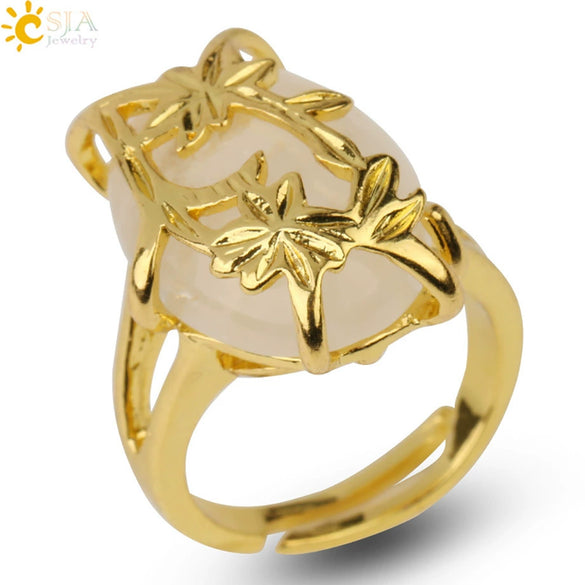 Trendy Natural Stone Gold Plated Flower Adjustable Open Ring Minimalist Floral Statement Ring For Unisex