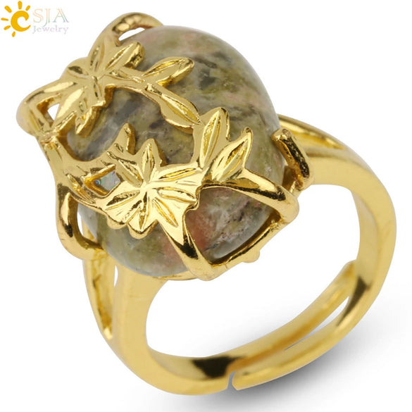 Trendy Natural Stone Gold Plated Flower Adjustable Open Ring Minimalist Floral Statement Ring For Unisex