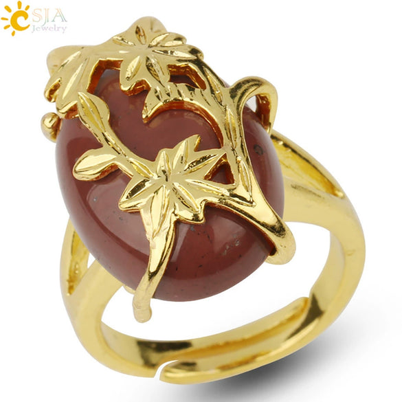 Trendy Natural Stone Gold Plated Flower Adjustable Open Ring Minimalist Floral Statement Ring For Unisex