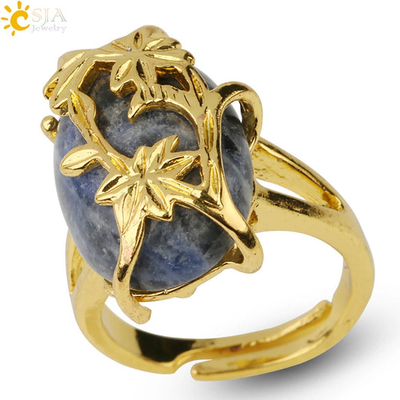 Trendy Natural Stone Gold Plated Flower Adjustable Open Ring Minimalist Floral Statement Ring For Unisex