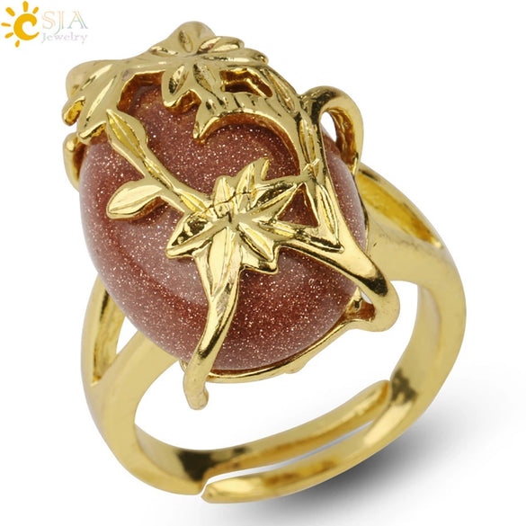 Trendy Natural Stone Gold Plated Flower Adjustable Open Ring Minimalist Floral Statement Ring For Unisex
