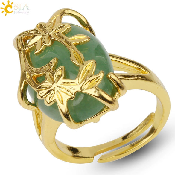 Trendy Natural Stone Gold Plated Flower Adjustable Open Ring Minimalist Floral Statement Ring For Unisex