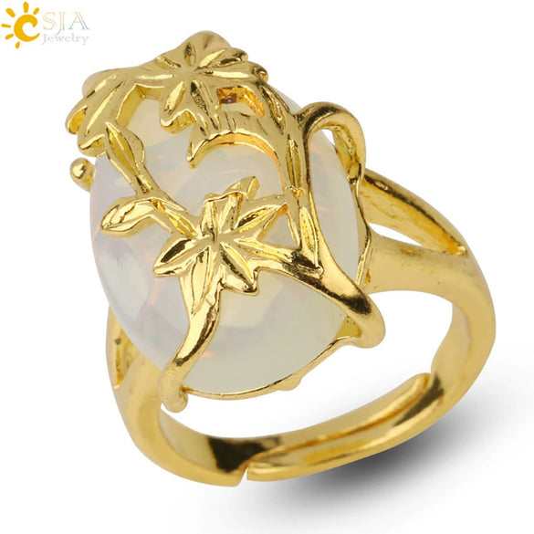 Trendy Natural Stone Gold Plated Flower Adjustable Open Ring Minimalist Floral Statement Ring For Unisex