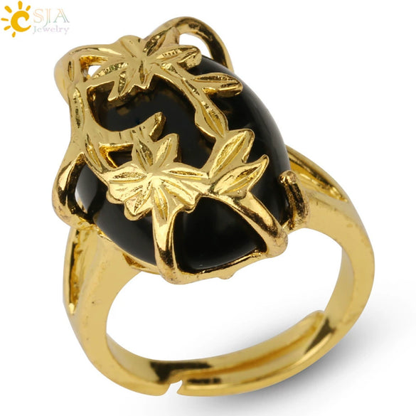 Trendy Natural Stone Gold Plated Flower Adjustable Open Ring Minimalist Floral Statement Ring For Unisex