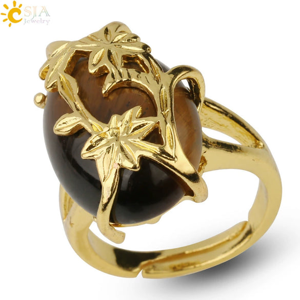 Trendy Natural Stone Gold Plated Flower Adjustable Open Ring Minimalist Floral Statement Ring For Unisex