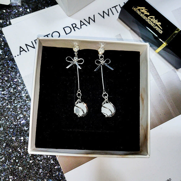 Trendy Opal Long Bow Earrings In Alloy Gold Plated Silver Plated With Electroplating For Elegant And Personalized Look