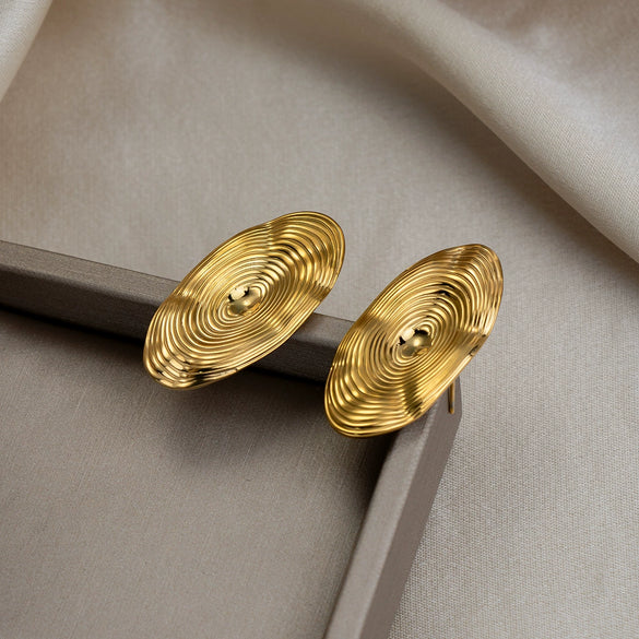 Trendy Oval Striped Stainless Steel 18K Gold Plated Earrings Unisex Geometric Ear Accessories