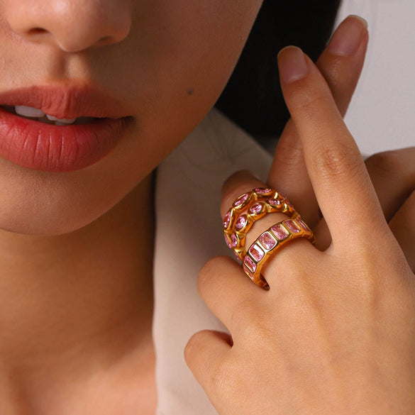 Trendy Pink Zircon Electroplated Geometric Stainless Steel Women's Ring