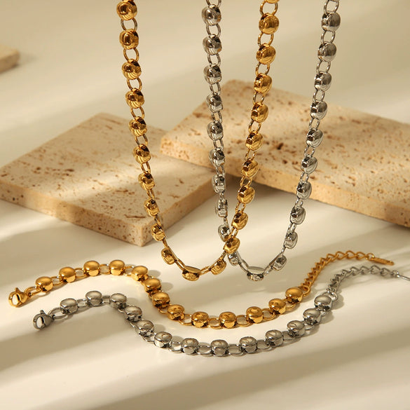 Trendy Round Bead Titanium Steel And Stainless Steel Jewelry Suit With Exaggerated Small Bread Chain Electroplated With Pvd Furnace Real Gold