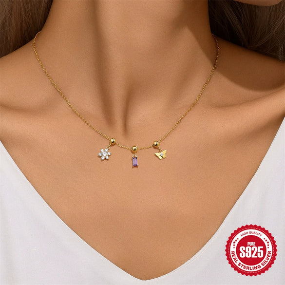 Trendy Square 925 Silver Butterfly Flower Pendant Necklace With Removable Pendant Electroplated For Women Animal Zodiac Pattern