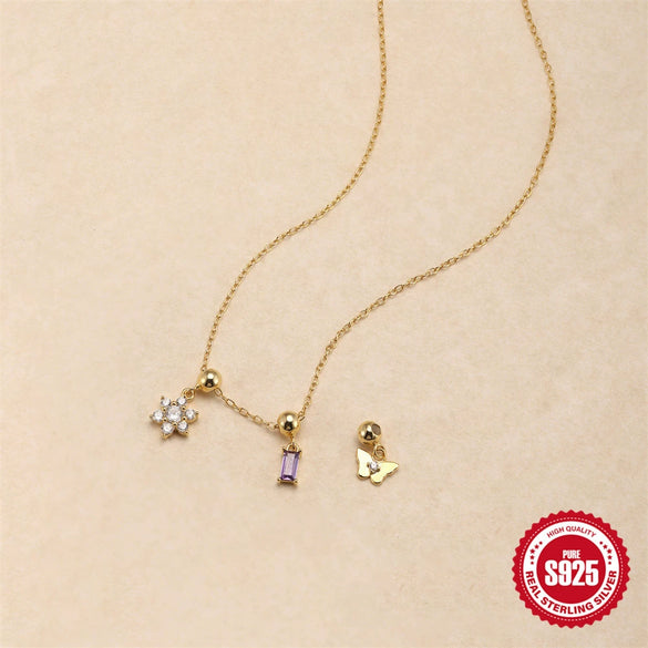 Trendy Square 925 Silver Butterfly Flower Pendant Necklace With Removable Pendant Electroplated For Women Animal Zodiac Pattern