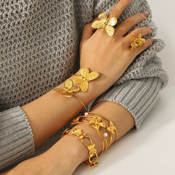 Trendy Stainless Steel Electroplated Butterfly Open Bracelet And Flower Open Ring Accessories For Women