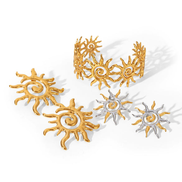 Trendy Stainless Steel Geometric Open Bracelet And Earrings For Women With Electroplating